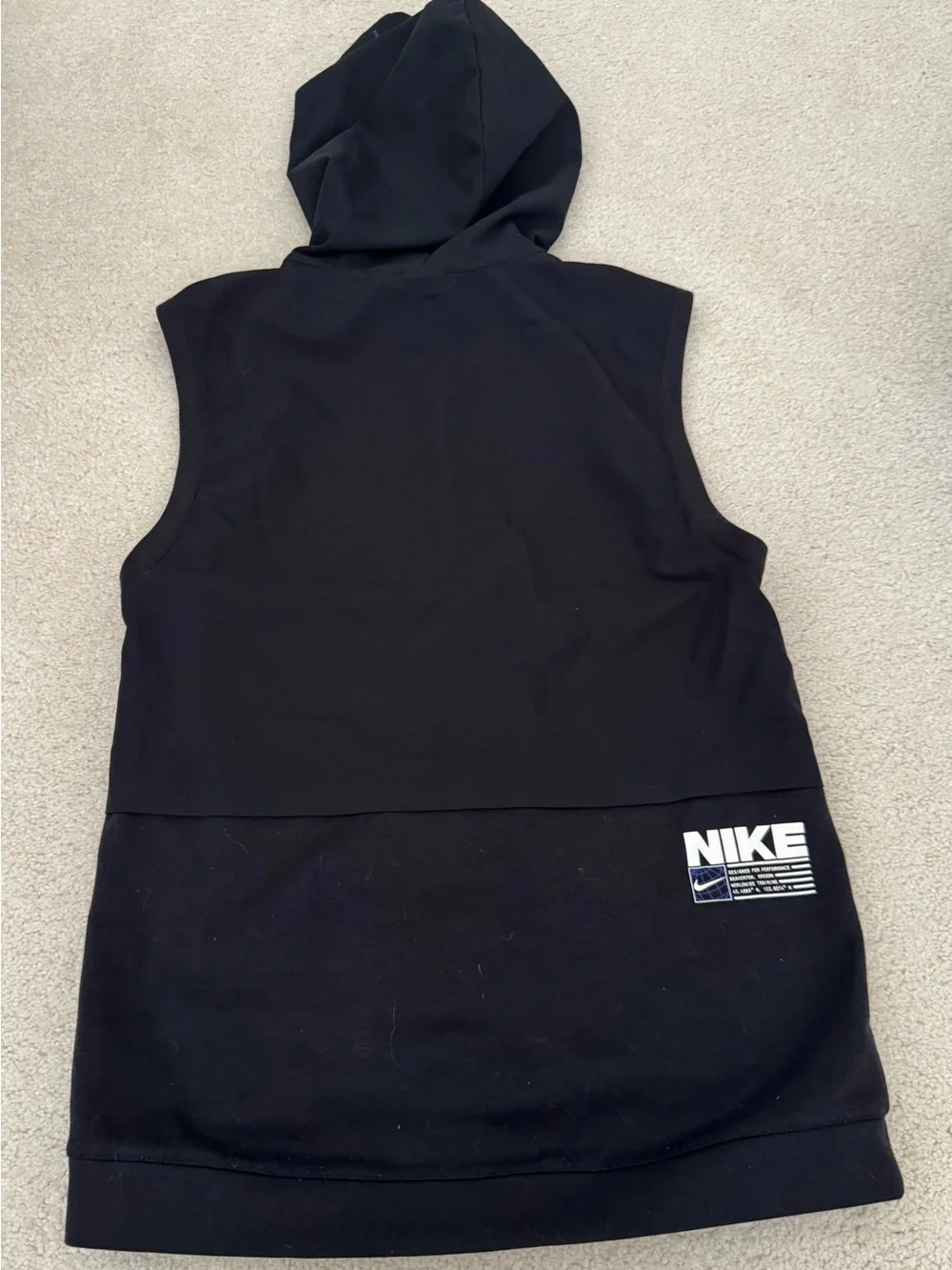 Nike Men’s Black Sleeveless Crewneck Hoodie with White and Purple Graphic